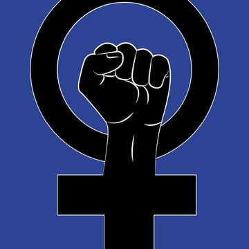 A fist rising up through a feminist logo of a round circle with a cross underneath set against a blue background