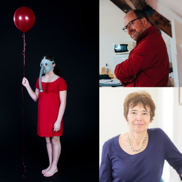 Sally Shuttleworth and John Terry next to a person with a gas mask in a red dress holding a red balloon