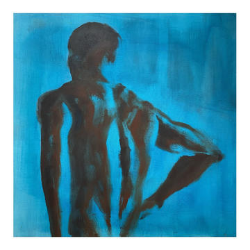 painting of the back of a man, in blues and blacks