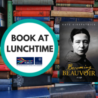 Poster with Book at Lunchtime logo and the cover of 'Becoming Beauvoir' by Kate Kirkpatrick