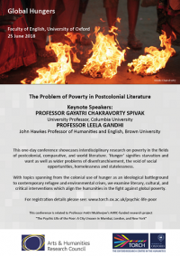 Global Hungers poster. Keynote Speakers: Professor Gayatri Chakravorty Spivak, Professor Leela Gandhi. This one-day conference showcases interdisciplinary research on poverty in the fields of postcolonial, comparative and world literature.