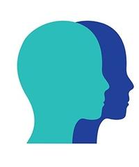 Two overlapping silhouettes of human heads, in dark and light blue.
