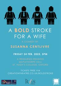 A Bold Stroke For a Wife poster, with white and cream text on a light blue background. There are 4 black outlines of lego figures.
