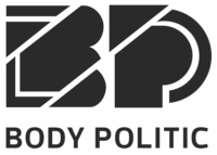 Body Politic logo: the letters B and P with geometric designs in black