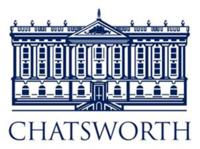 The Chatsworth House logo: a drawing of the house's facade in blue with 'Chatsworth' written under in with capital letters. 