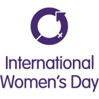 Logo for International Women's Day: a circle with an arrow that leads back into itself and purple text reading International Women's Day'
