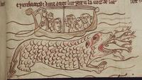 manuscript image of a boat riding a monsters back