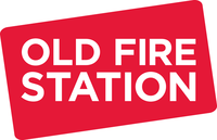 Old fire station, white text on a red rectangle