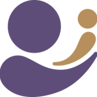 Two abstract shapes reminiscent of a purple and a beige comma representing a mother holding a baby 