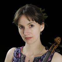 woman in purple jewelled toned clothes, brown hair up, holding violin