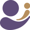 Two abstract shapes reminiscent of a purple and a beige comma representing a mother holding a baby 