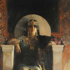 painting of a queenly figure sitting in marble chair with heavily jewelled crown