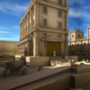 computer genrerated image of front of Roman building and forecourt in brown colours