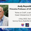 Graphic for Andy Reynolds, reads 'Andy Reynolds, Princeton Professor of LGBT Politics, 'Notes on Graft', a series by Queer Intersections Oxford, 6 May 2022, 11am, Seminar Room, Radcliffe Humanities'