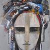 A painting of a woman's sombre face. Her hair is made up of collaged magazine clippings.