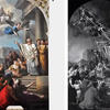 painting of angels coming down to men on left, black and white version with mathmatical lines over it on the right