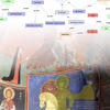 picture of religious themed wall paintings overlays with networking diagram