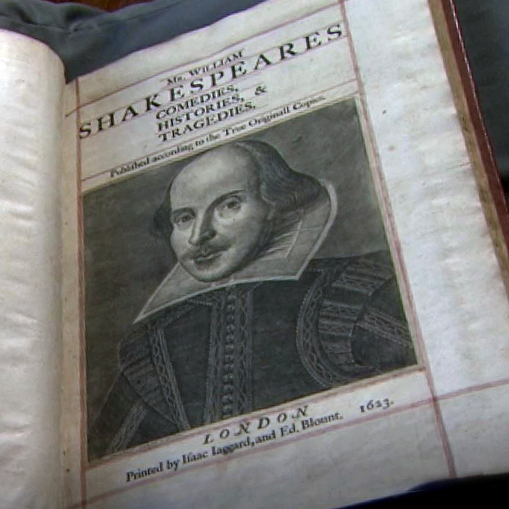 The first page of the folio depicting William Shakespeare. The text reads: Mr. William Shakespeares comedies, histories, & tragedies. Published according to the True Originall Copies. London. Printed by Isaac Iaggard, and Ed. Blount. 1623.