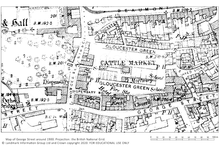 Black & White Map of George Street around 1900. Projection: the British National Grid.