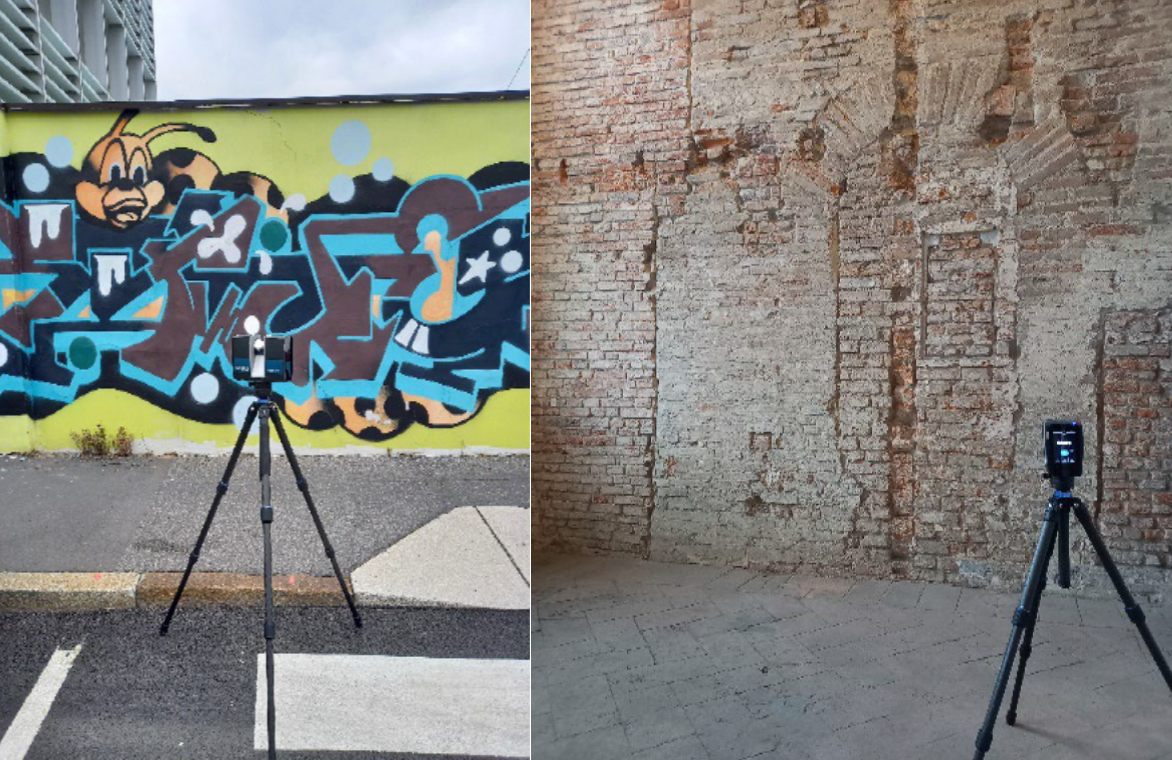 Two pictures side by side. The left one shows a laser scanner in front of the graffiti wall, whereas the one on the right shows the same laser scanner in front of a brick wall with arches.