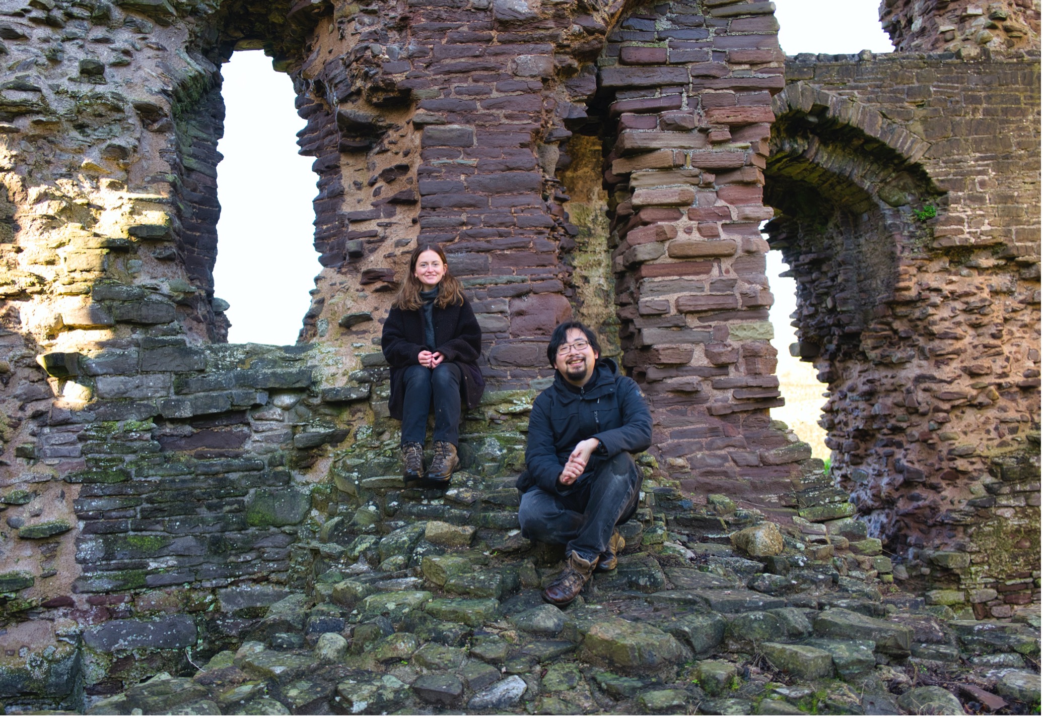 Image of the authors, smiling and sat slightly apart at the base of one of the ruined towers at Abergavenny Castle in the winter, 2020. 