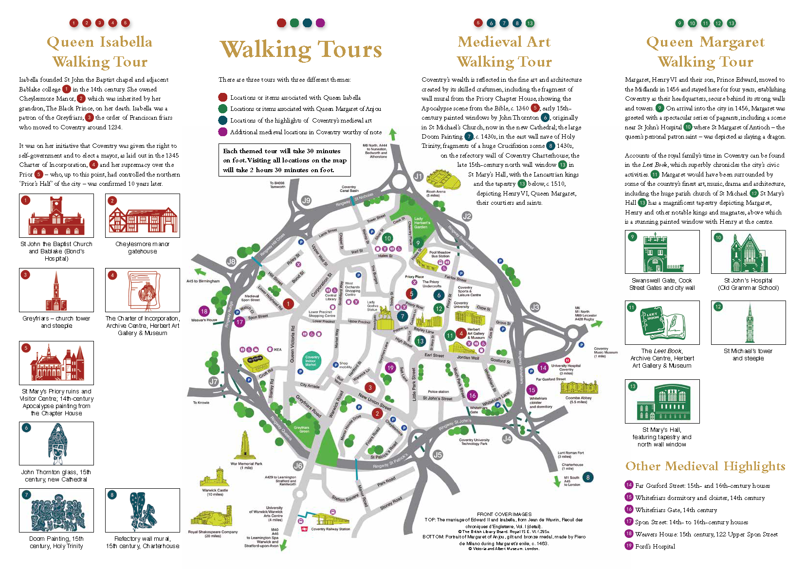 The second page of the Guide of the Royal Women of Influence Walking Tours, depicting miniatures of the landmarks that are associated with the two queens and their location on a map of medieval Coventry.