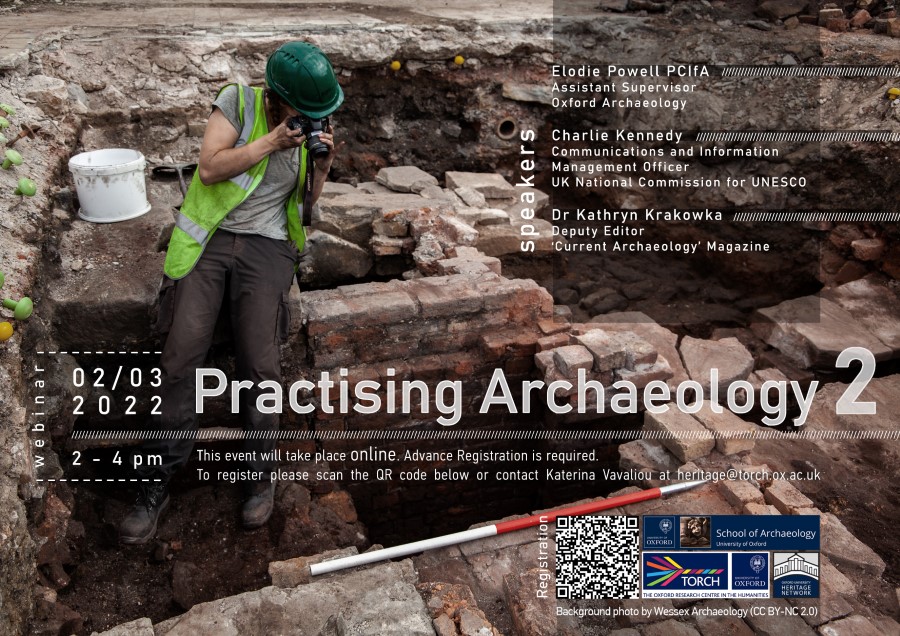 The poster states the names of the speakers, the date and time of the event. The background image depicts a female archaeologist taking pictures of a dig. All information can be found at https://www.torch.ox.ac.uk/event/practising-archaeology-vol.-2