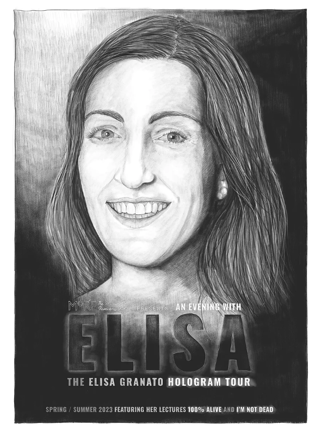  Digital pencil drawing of a poster for an imaginary Elisa Granato hologram lecture tour. Al Hopwood 2022