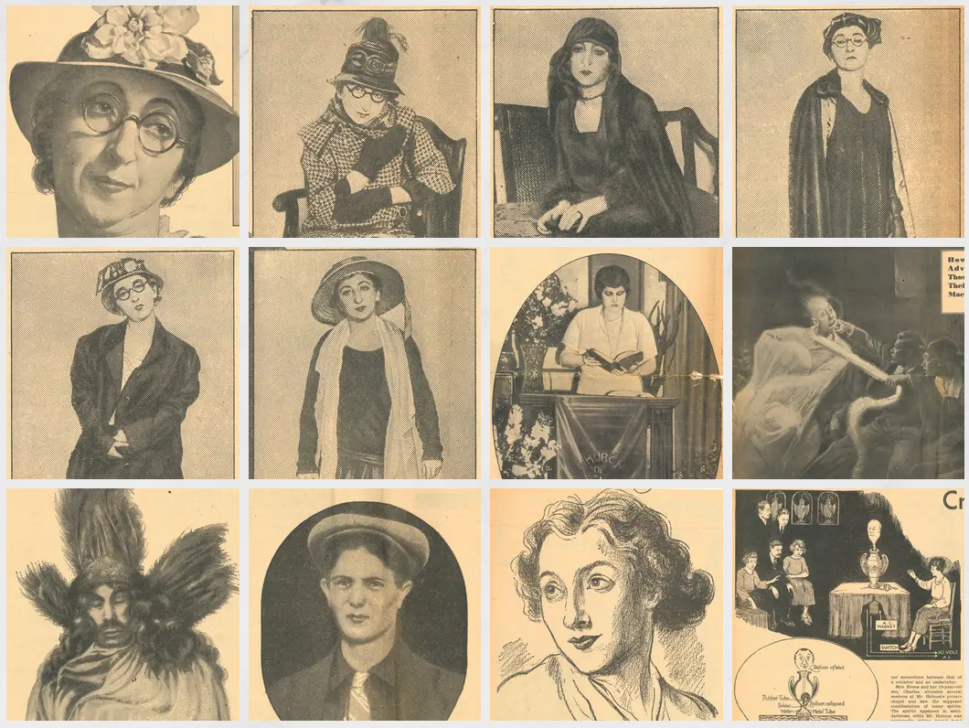 Images from the 1939 newspaper article Crime Poses As Spiritualism in American Weekly Inc. written by Rose Mackenberg