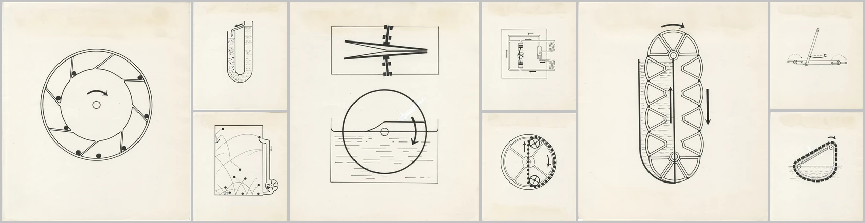 Original line drawings by David EH Jones exploring different designs for Perpetual Motion Machines.