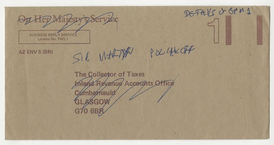  An envelope, an address to the tax collector is scribbled out.