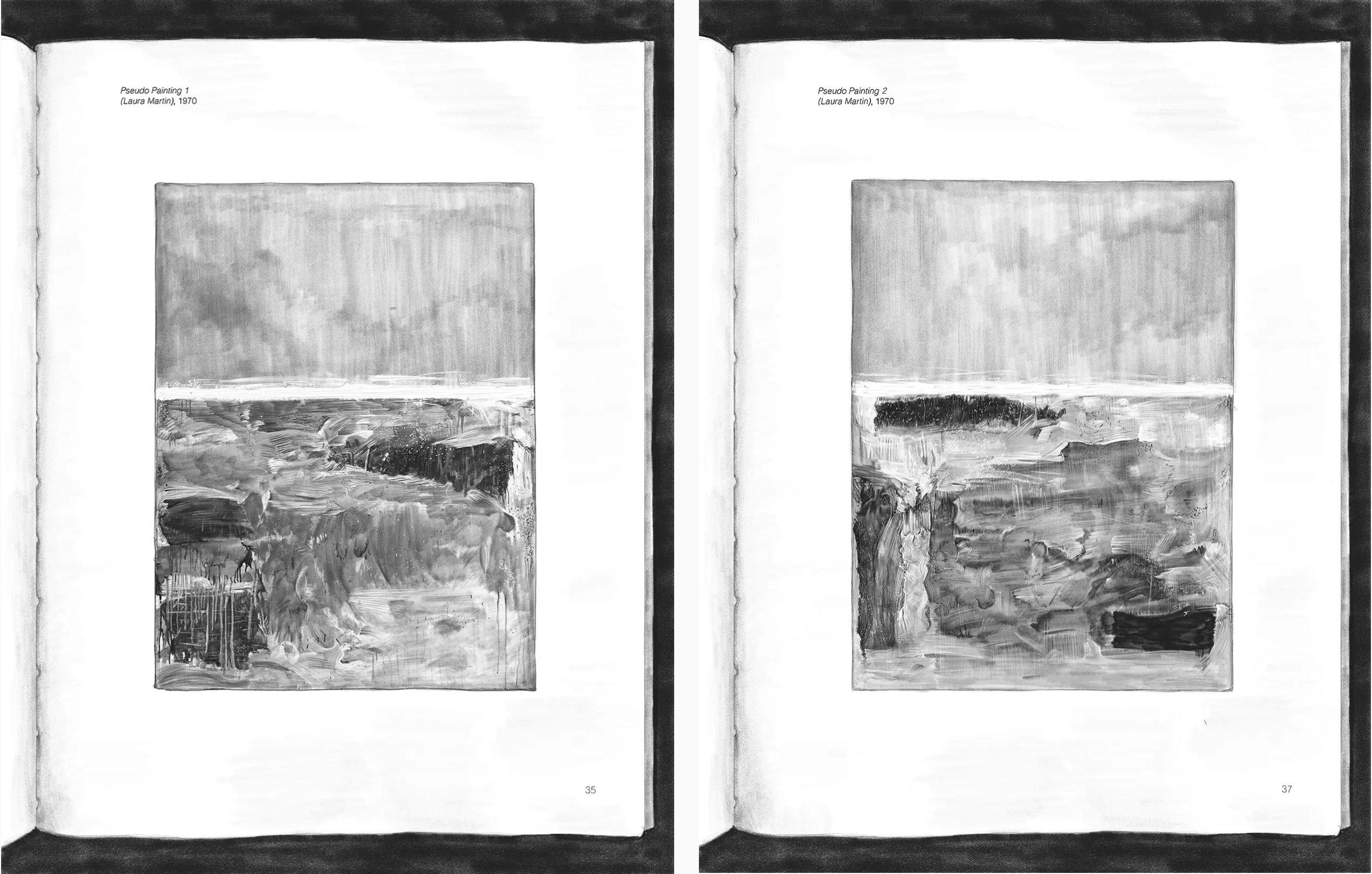Two watercolour paintings of pages in a book, containing their own paintings of murky landscapes, which are credited to Laura Martin.