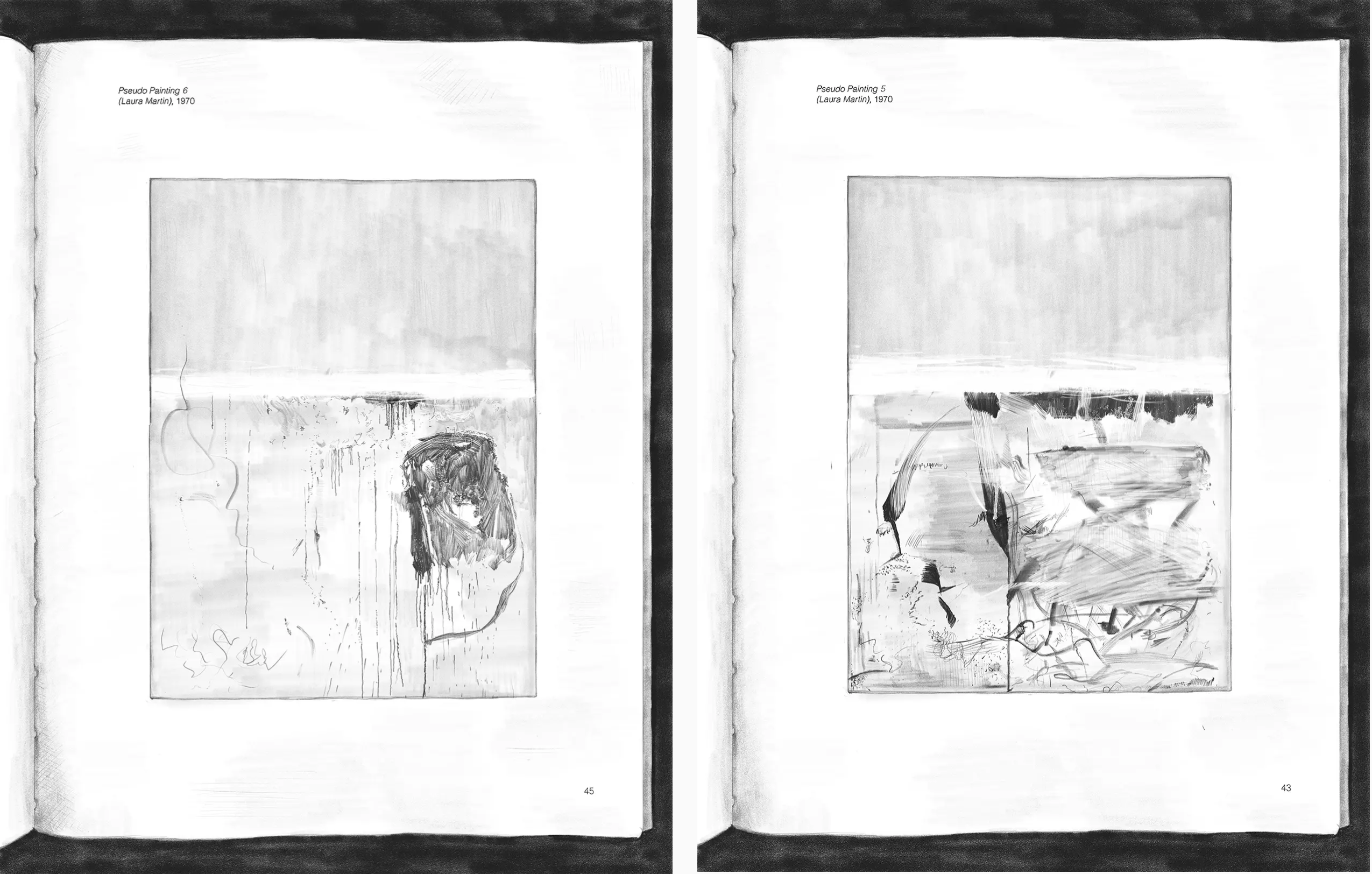 Digit the faktal drawings in fake pencil of fake abstract paintings created by the fake artist Laura Martin (described by David Rosenhan) 