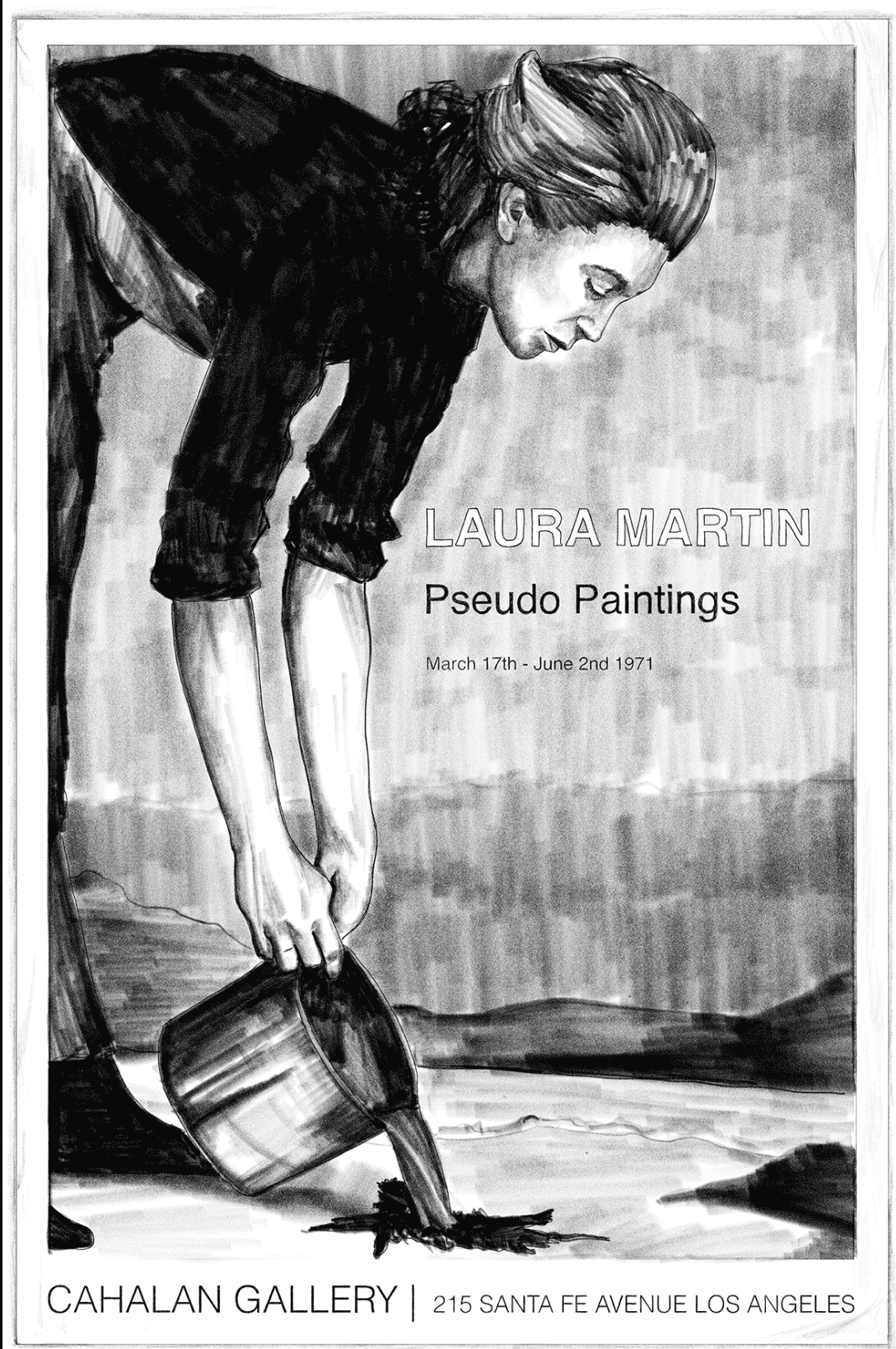 A greyscale painting of a woman pouring a bucket of liquid on the floor