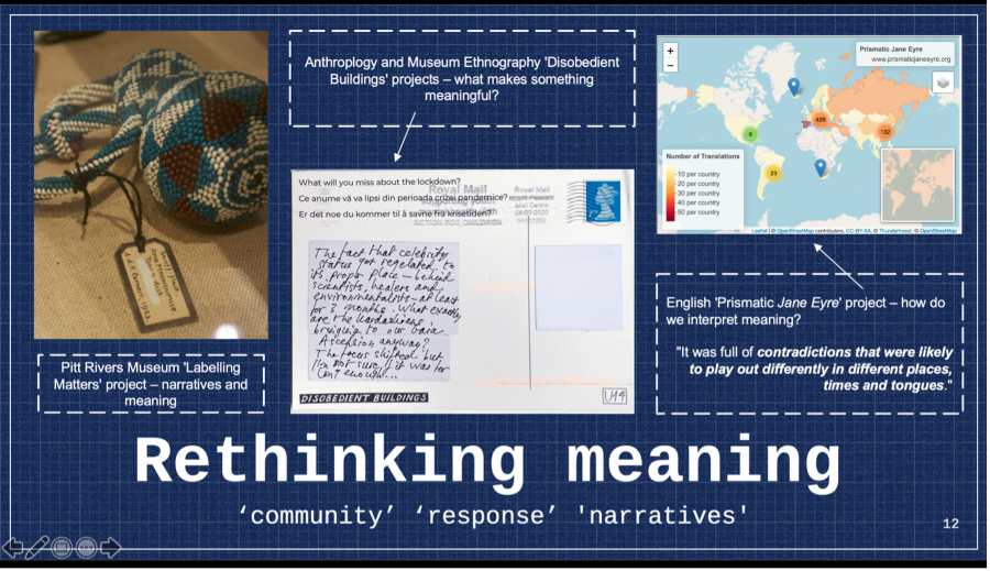 navy PowerPoint slide with the title ‘rethinking meaning’ and subtitles ‘community’, ‘response’, and ‘narratives’. Above the title are three images from the ‘Labelling Matters’, ‘Disobedient Buildings’, and ‘Prismatic Jane Eyre’ projects. 